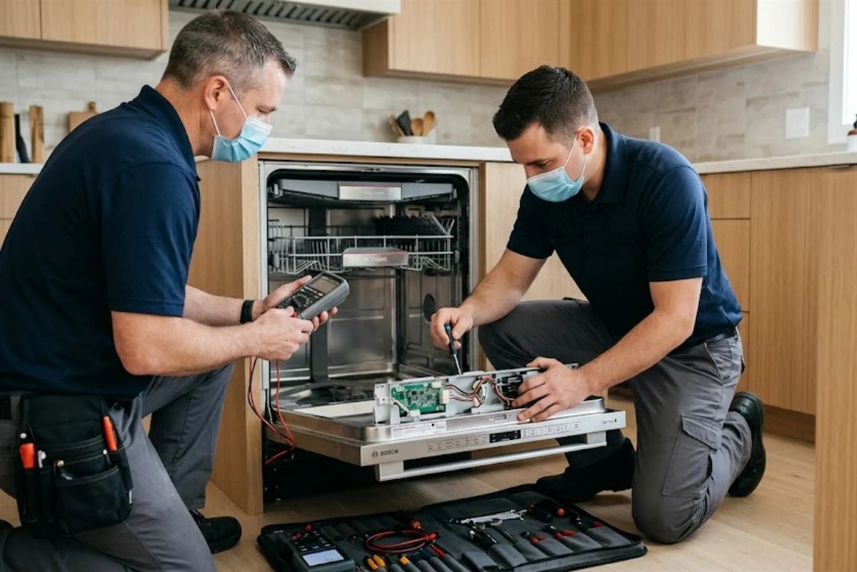 Two technicians testing a dishwasher control board with a multimeter
