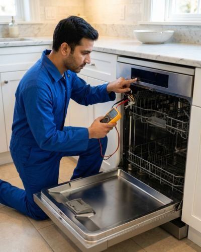 Technician testing a dishwasher control panel with a multimeter