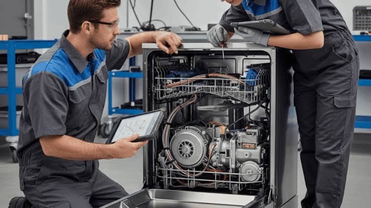 Technicians repairing a dishwasher wash pump and wiring in our workshop
