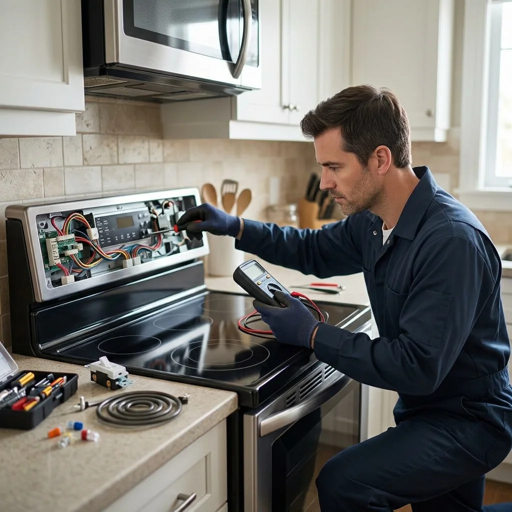 Technician testing the control board of an electric cooking range