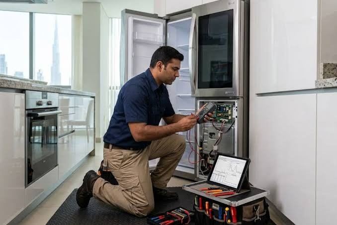 Technician testing a refrigerator control board in a Dubai apartment