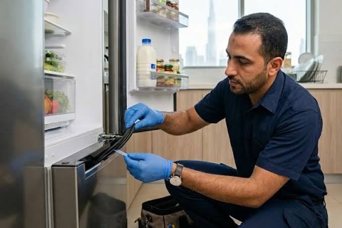 Technician replacing a refrigerator door gasket in a Dubai kitchen