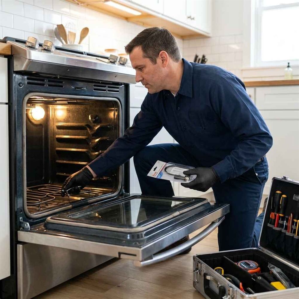 Technician replacing an oven heating element in a Dubai kitchen