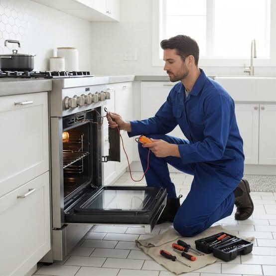 Technician testing an oven thermostat with a multimeter