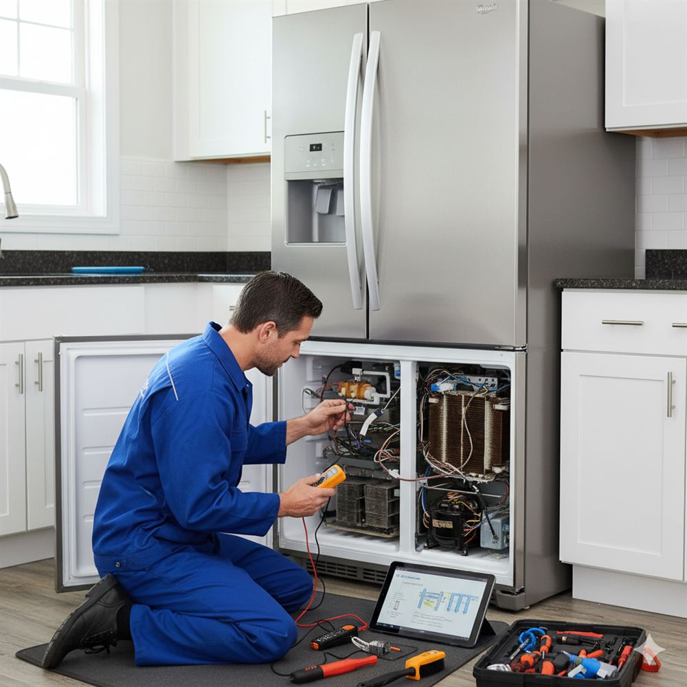 Technician testing a refrigerator compressor and sealed system in a UAE kitchen