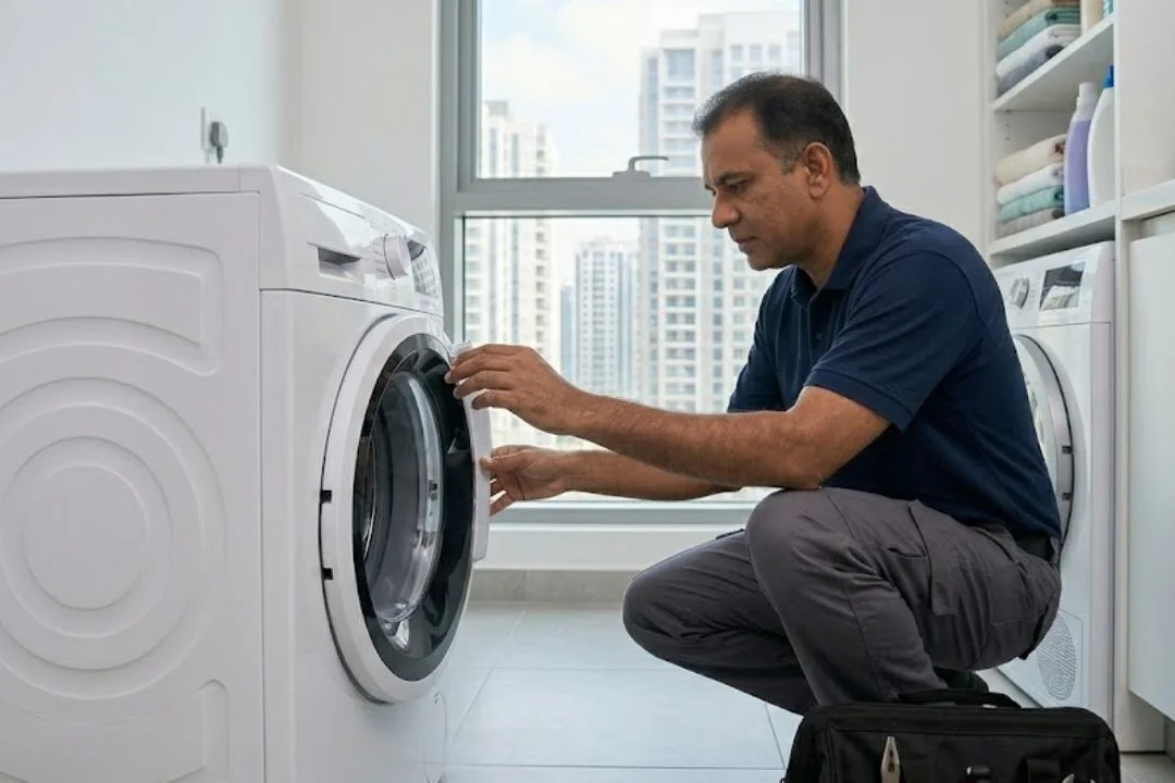 Technician checking a washing machine door lock in a Dubai apartment