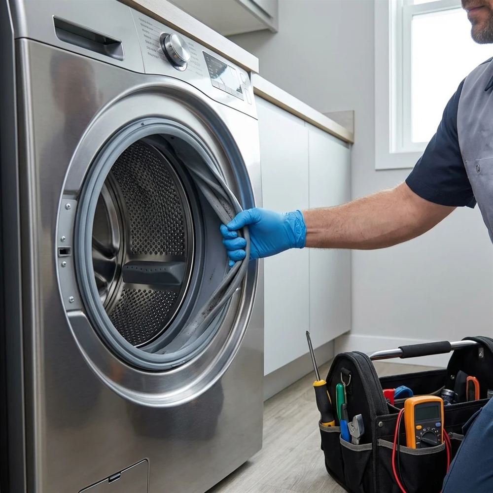 Gloved technician inspecting a washing machine door seal for splits and leaks