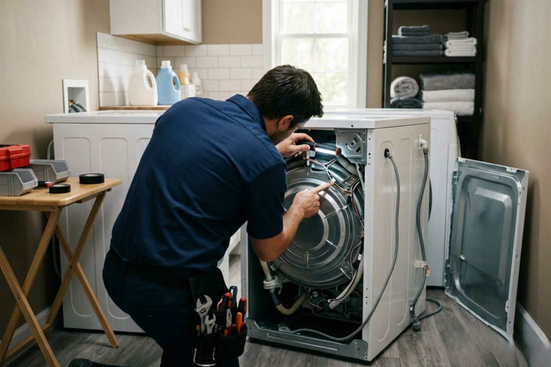 Technician working on a washing machine motor and drive belt with the rear panel removed