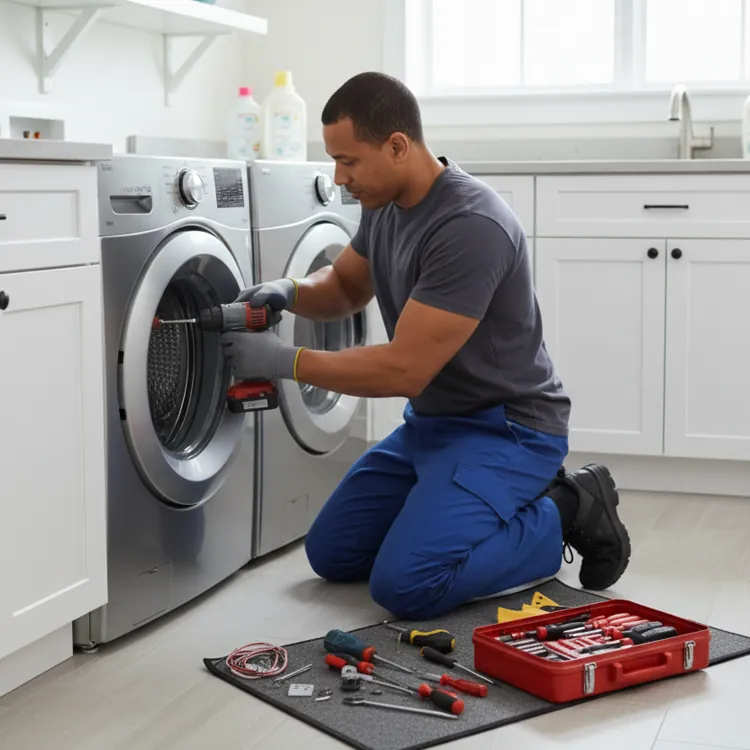 Washing machine technician kneeling with a full toolkit beside a front-load washer in Dubai